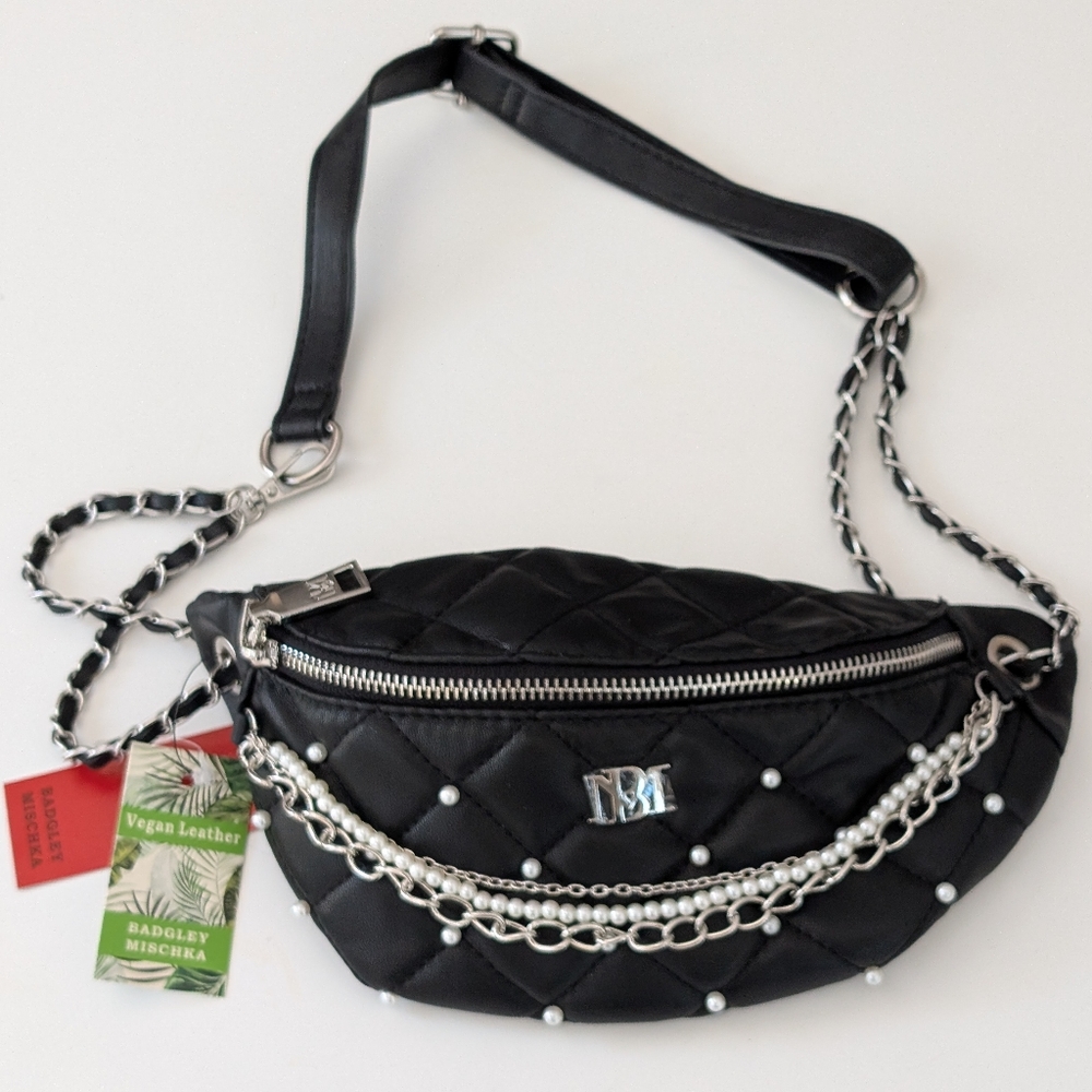 NWT Badgley Mischka Black Quilted Vegan Leather Belt Bag - Pearl & Chain Accent